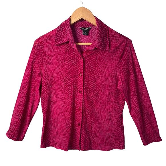 Y2k Guess Jeans Top XL Pink Snake Print Button Down 3/4 Sleeve Blouse Shirt - Picture 1 of 14